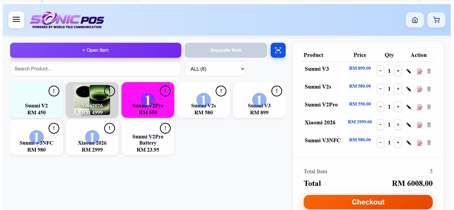 Sonic POS sales and checkout screen