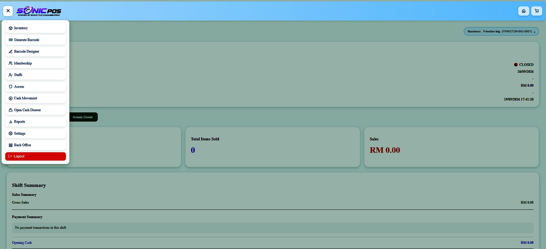 Sonic POS management dashboard