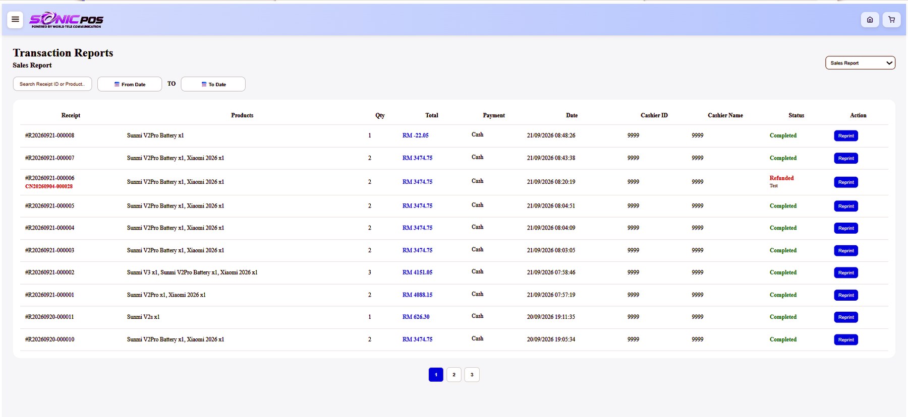 Sonic POS transaction sales report